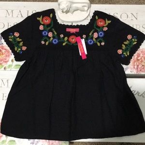 NWT 🌺 Catharine Malandrino Black Floral Embroidered 100% Cotton Spanish Blouse✨
